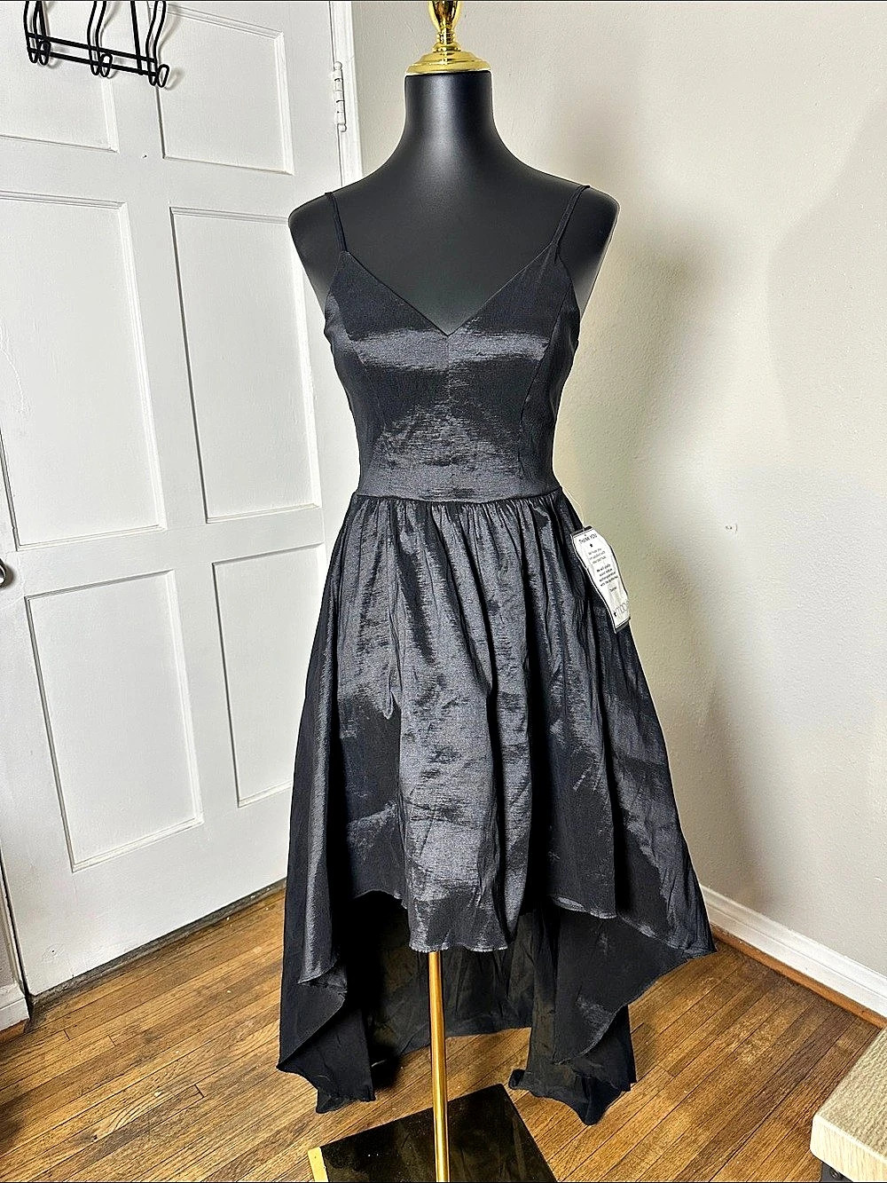 B. Darlin V-Neck Ruffled High-Low Taffeta Evening Gown Black